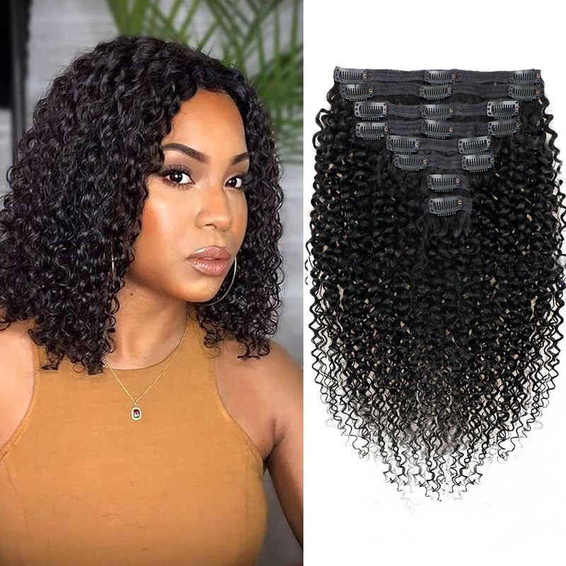 Cecycocy Clip In Extension 3C 4A Kinky Curly Full Head for Black Women Brazilian Remy Human Hair Natural Color 8Pcs with18clips 120gSett 14 inch