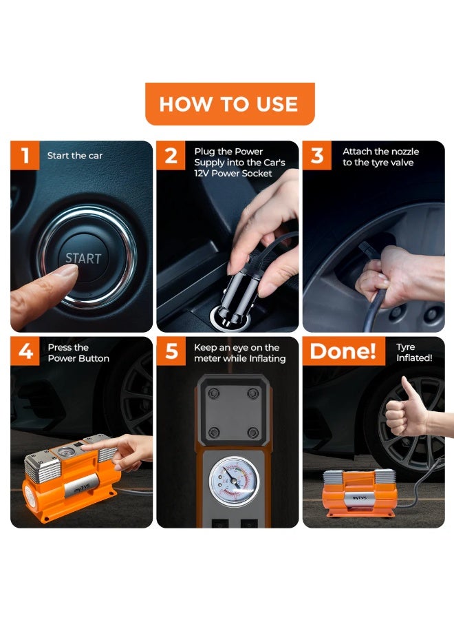 myTVS Heavy Duty Metal Tyre Inflator for Car | 150Psi Double Cylinder Electric Air Pump for SUV (TI-18) - Image 1