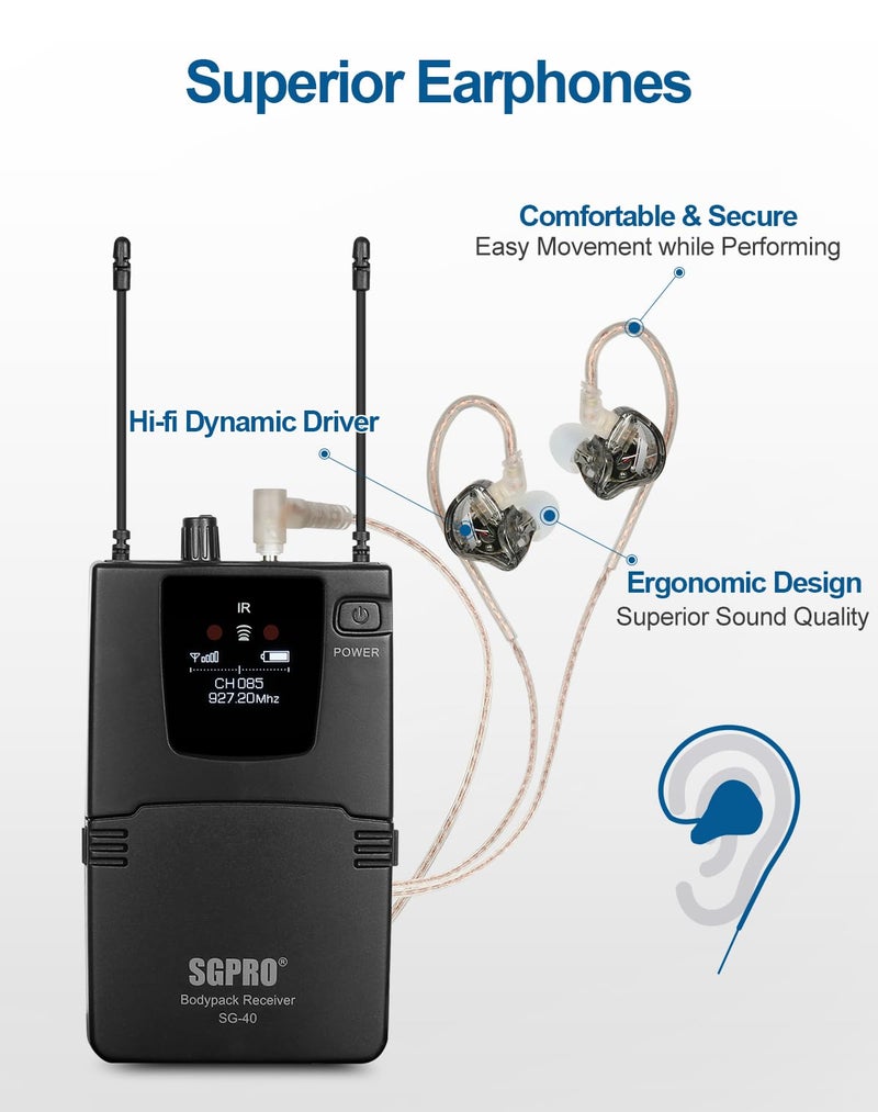 SGPRO Wireless in-Ear Monitor System, IEM System Mono with Metal Transmitter, Bodypack Receiver Monitor Earphones, 85 Adjustable Frequencies 262ft Operation for Bands, Studio & Events - Image 5