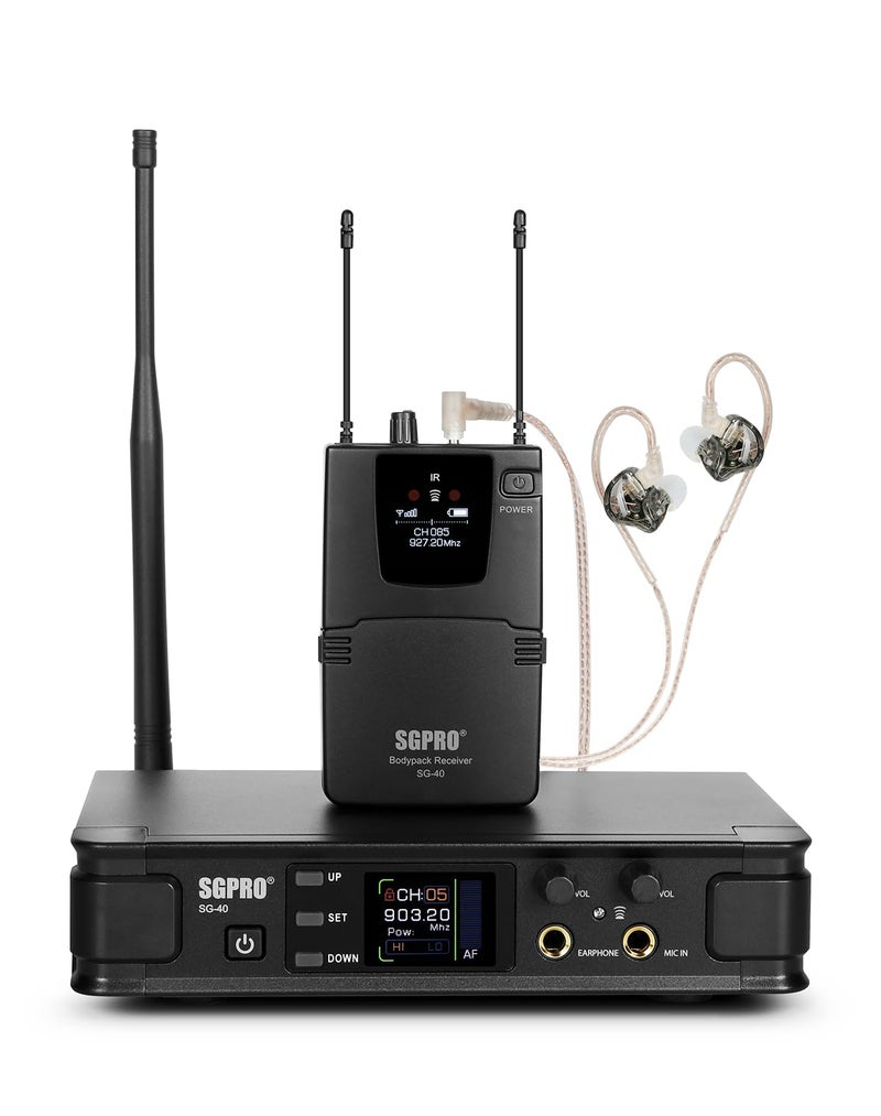 SGPRO Wireless in-Ear Monitor System, IEM System Mono with Metal Transmitter, Bodypack Receiver Monitor Earphones, 85 Adjustable Frequencies 262ft Operation for Bands, Studio & Events - Image 1