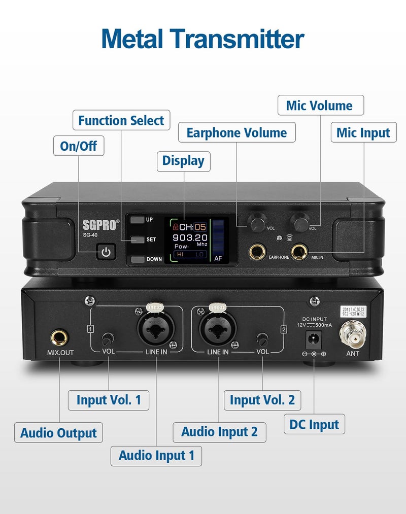 SGPRO Wireless in-Ear Monitor System, IEM System Mono with Metal Transmitter, Bodypack Receiver Monitor Earphones, 85 Adjustable Frequencies 262ft Operation for Bands, Studio & Events - Image 3