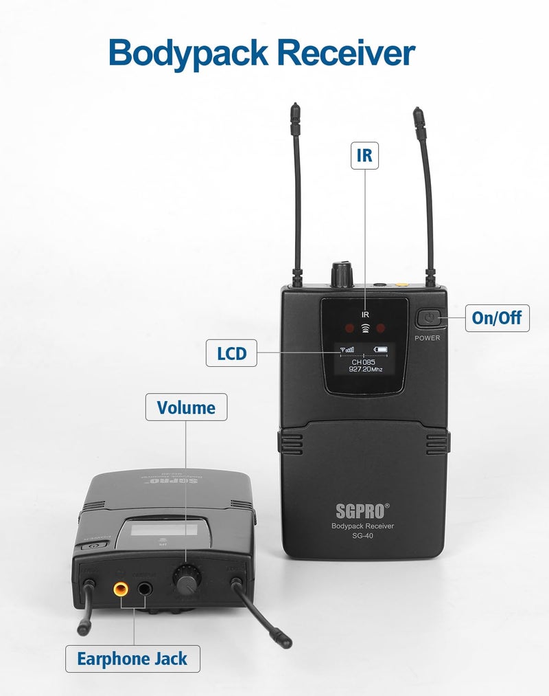 SGPRO Wireless in-Ear Monitor System, IEM System Mono with Metal Transmitter, Bodypack Receiver Monitor Earphones, 85 Adjustable Frequencies 262ft Operation for Bands, Studio & Events - Image 4