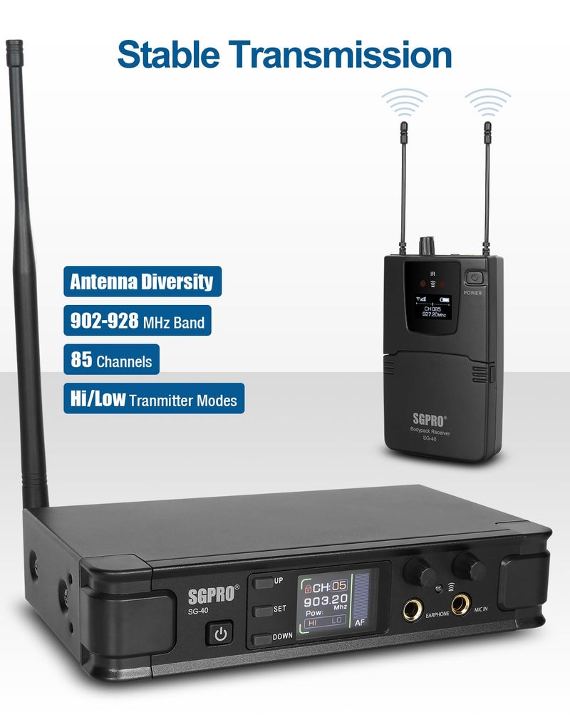 SGPRO Wireless in-Ear Monitor System, IEM System Mono with Metal Transmitter, Bodypack Receiver Monitor Earphones, 85 Adjustable Frequencies 262ft Operation for Bands, Studio & Events - Image 2
