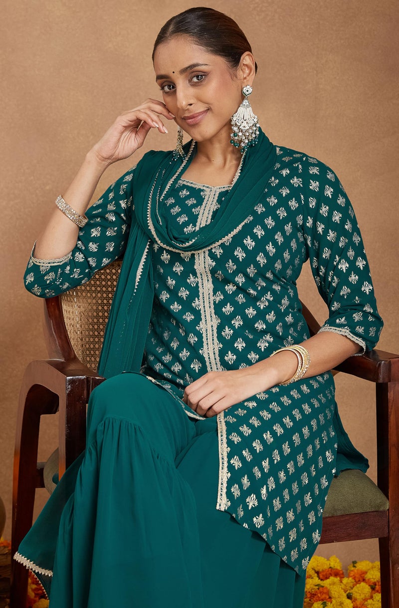 Janasya Women's Teal Green Georgette Embellished Foil Printed Straight Kurta with Sharara & Dupatta (JAB25ST02760-2XL) - Image 2