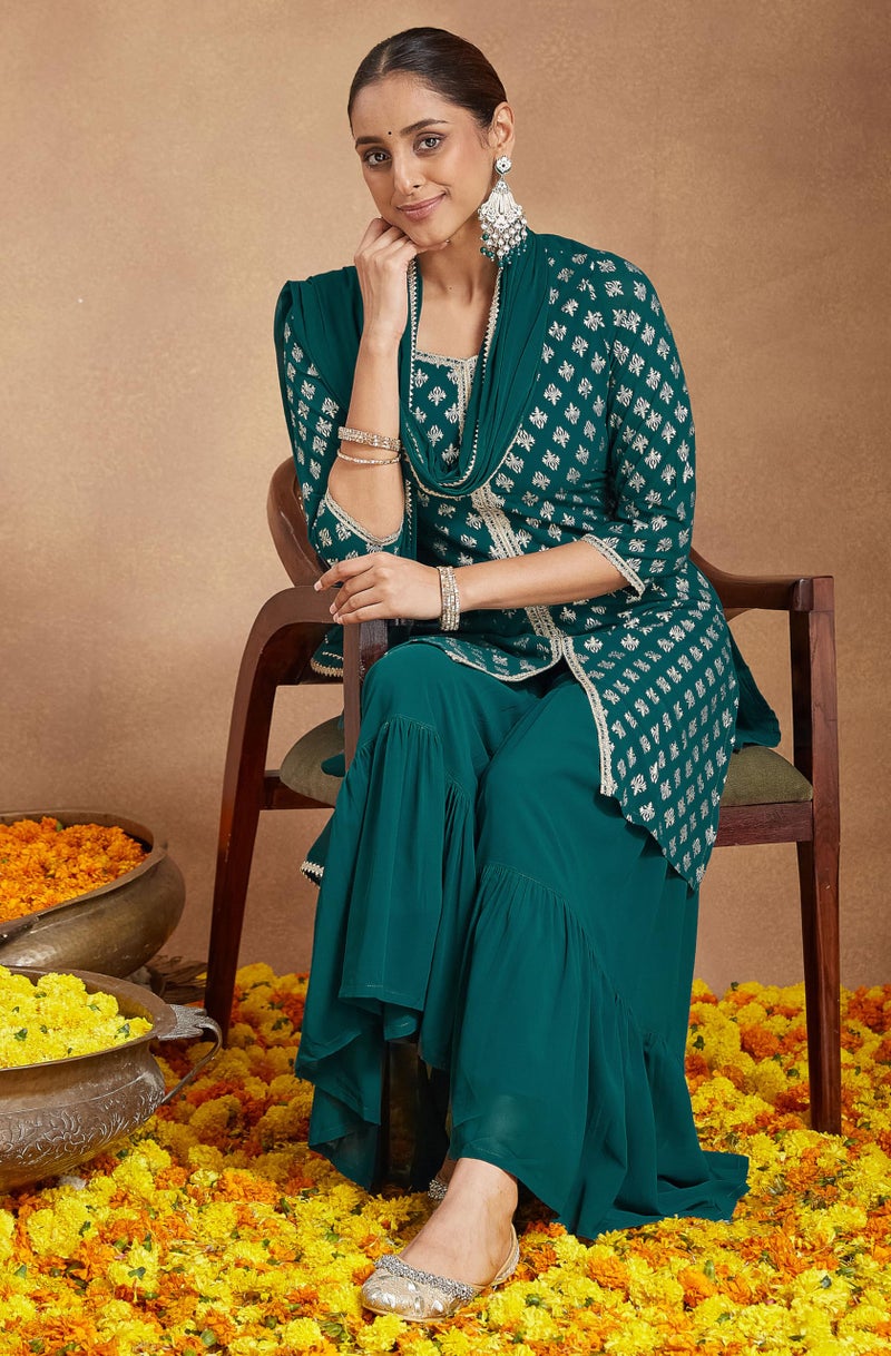 Janasya Women's Teal Green Georgette Embellished Foil Printed Straight Kurta with Sharara & Dupatta (JAB25ST02760-2XL) - Image 5