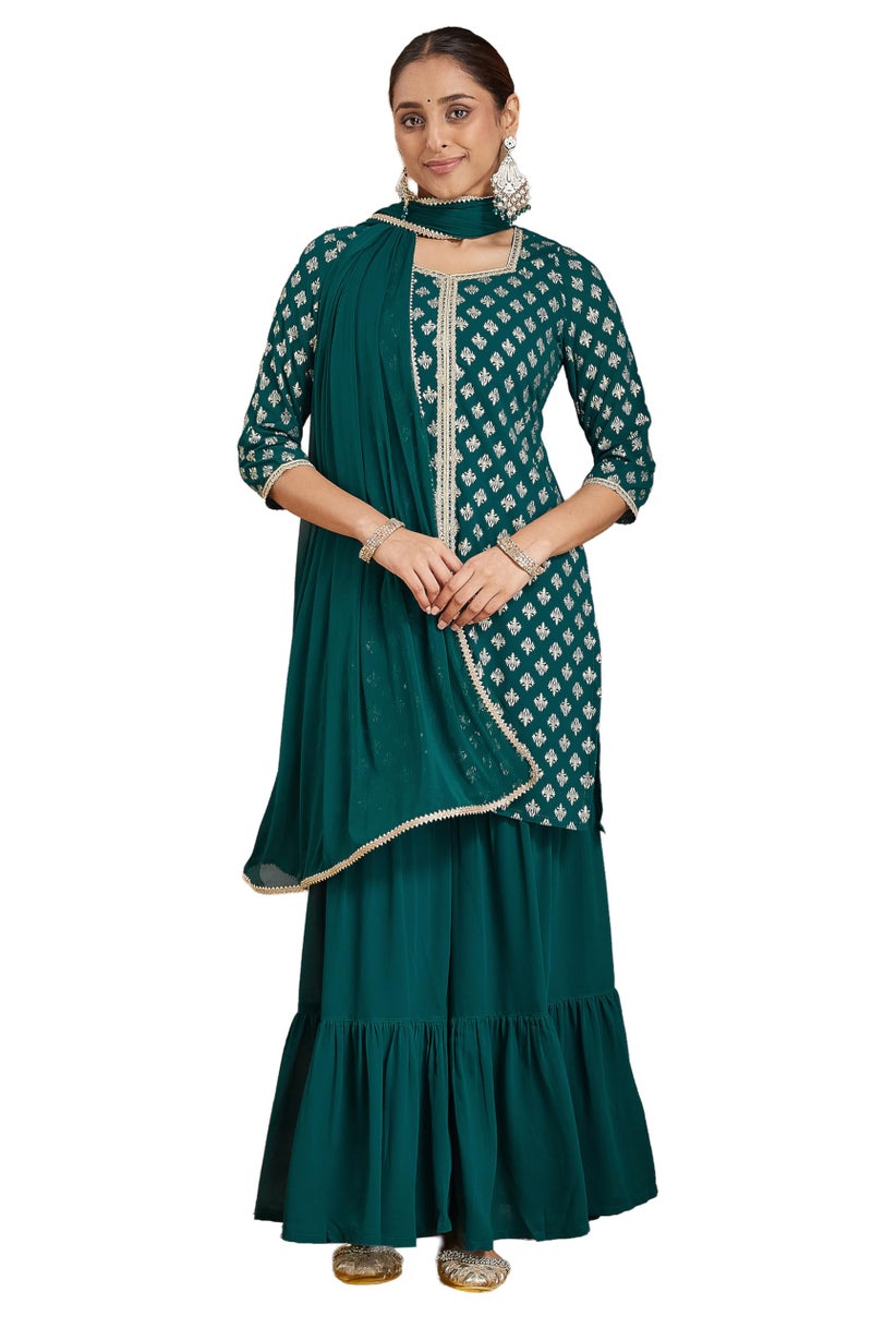 Janasya Women's Teal Green Georgette Embellished Foil Printed Straight Kurta with Sharara & Dupatta (JAB25ST02760-2XL) - Image 1