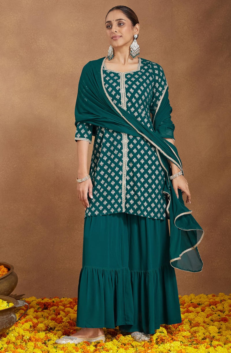 Janasya Women's Teal Green Georgette Embellished Foil Printed Straight Kurta with Sharara & Dupatta (JAB25ST02760-2XL) - Image 3