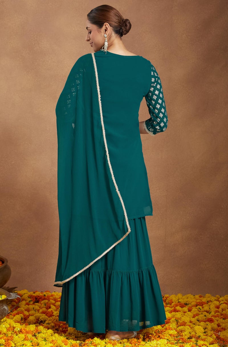 Janasya Women's Teal Green Georgette Embellished Foil Printed Straight Kurta with Sharara & Dupatta (JAB25ST02760-2XL) - Image 4