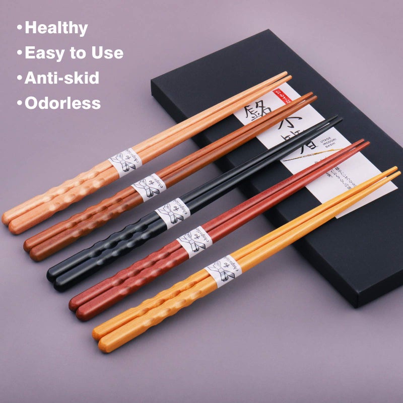 GLAMFIELDS Reusable Chopsticks Japanese Natural Wooden 5 Pairs Classic Style Lightweight Hand-Carved Safe Chop Sticks 8.8 Inch/22.5cm Gift Set - Image 2