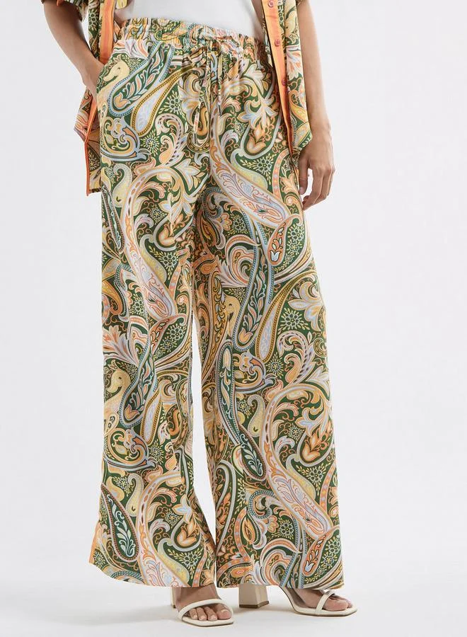 Splash FAV All-Over Paisley Print Wide Leg Pants with Drawstring Closure and Pockets