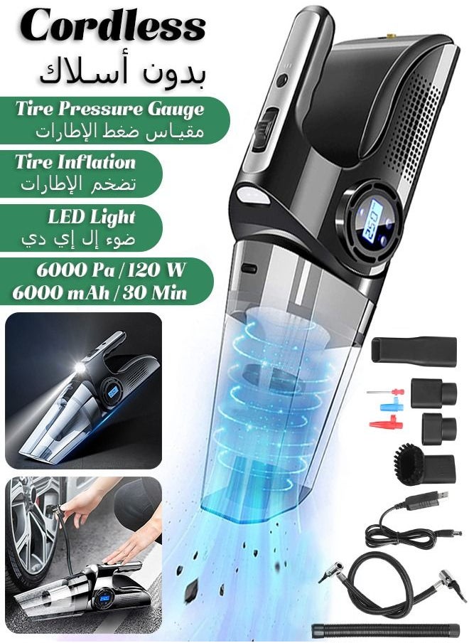 Cordless Car Vacuum Cleaner - Rechargeable Dustbuster - Handheld Vacuum Cleaner with LED Light and Inflator - 6000Pa 