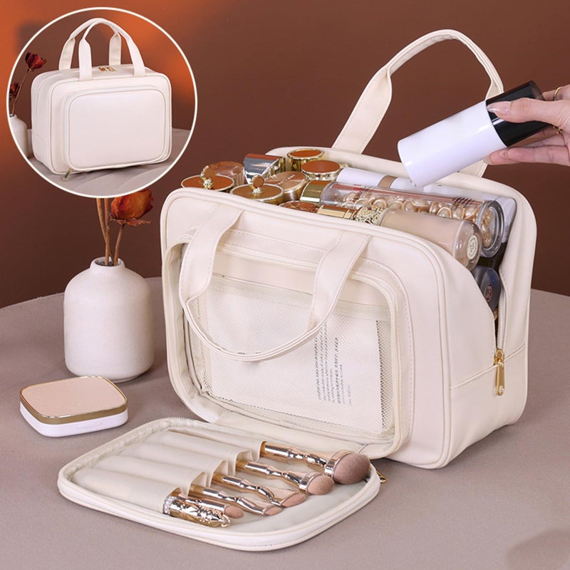 Mocha Brown Large Wide Opening Travel Toiletry Bag Cosmetic Organizer With Handle - Image 3