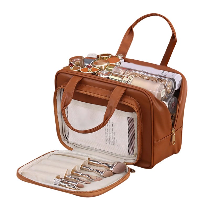 Mocha Brown Large Wide Opening Travel Toiletry Bag Cosmetic Organizer With Handle - Image 2