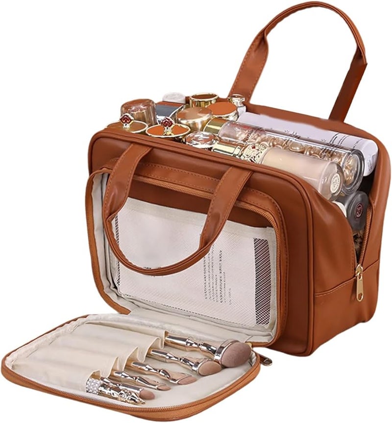 Mocha Brown Large Wide Opening Travel Toiletry Bag Cosmetic Organizer With Handle - Image 1