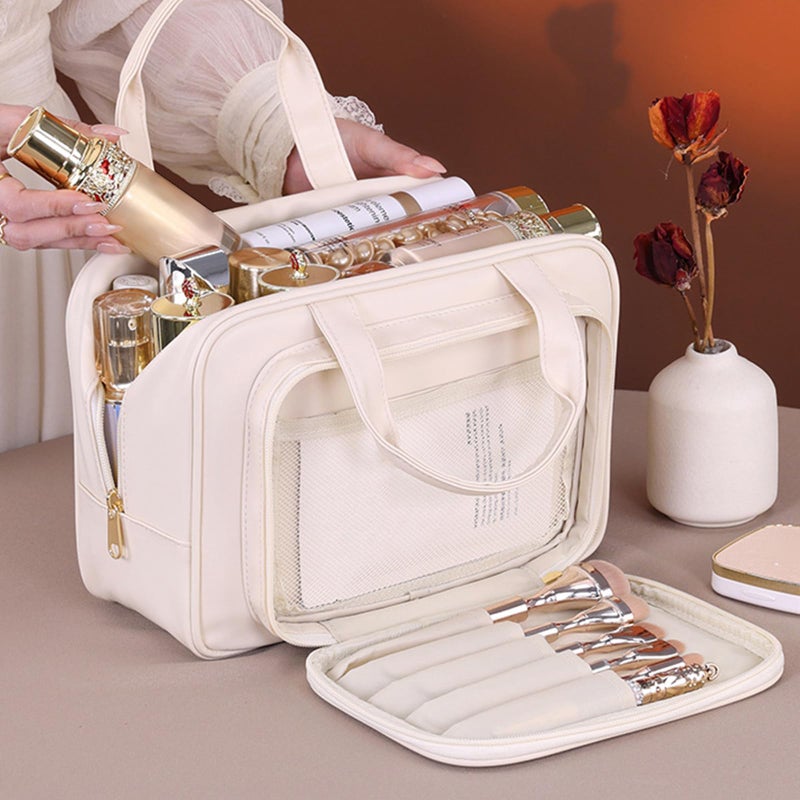 Mocha Brown Large Wide Opening Travel Toiletry Bag Cosmetic Organizer With Handle - Image 4