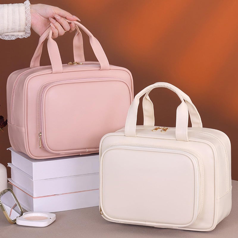 Mocha Brown Large Wide Opening Travel Toiletry Bag Cosmetic Organizer With Handle - Image 5