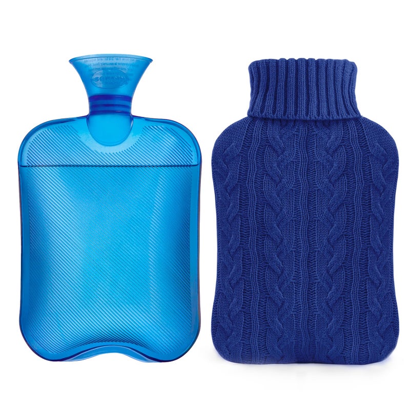 samply Hot Water Bottle with Knitted Cover, 2L Hot Water Bag for Hot and Cold Compress, Hand Feet Warmer, Ideal for Menstrual Cramps, Neck and Shoulder Pain Relief,Navy - Image 1
