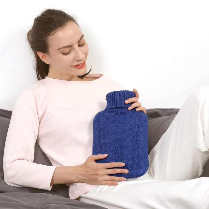 samply Hot Water Bottle with Knitted Cover, 2L Hot Water Bag for Hot and Cold Compress, Hand Feet Warmer, Ideal for Menstrual Cramps, Neck and Shoulder Pain Relief,Navy - Image 2