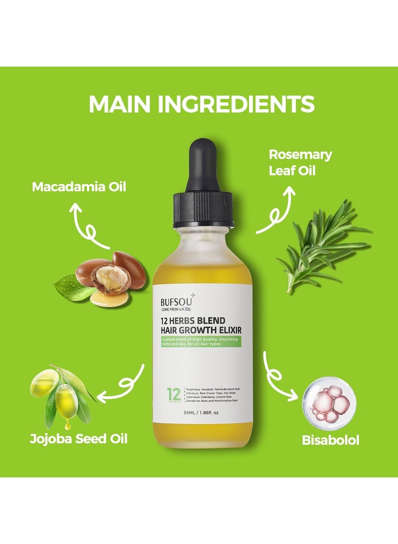 BUFSOU 12 Herbs Hair Oil 55ml – With Rosemary, Amla & Castor Oil – Strengthens Roots, Boosts Hair Growth, Reduces Hair Loss – Herbal Elixir for Men & Women - Image 2