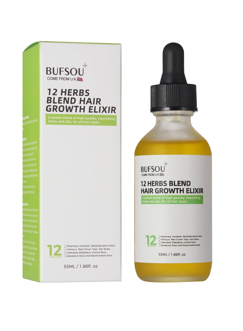 BUFSOU 12 Herbs Hair Oil 55ml – With Rosemary, Amla & Castor Oil – Strengthens Roots, Boosts Hair Growth, Reduces Hair Loss – Herbal Elixir for Men & Women - Image 1