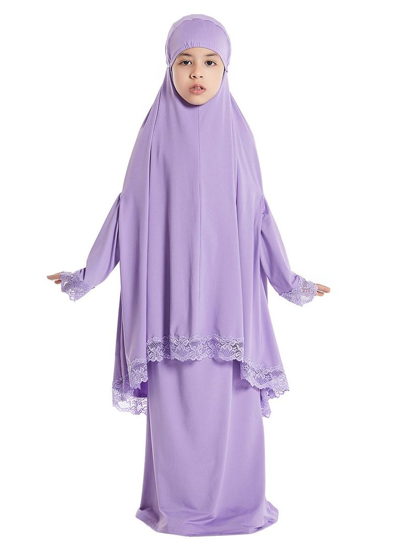 Loquat Girl's 2-Piece Clothing Set Batwing Sleeve Hooded top Abaya and half skirt Dress Purple  - Image 1