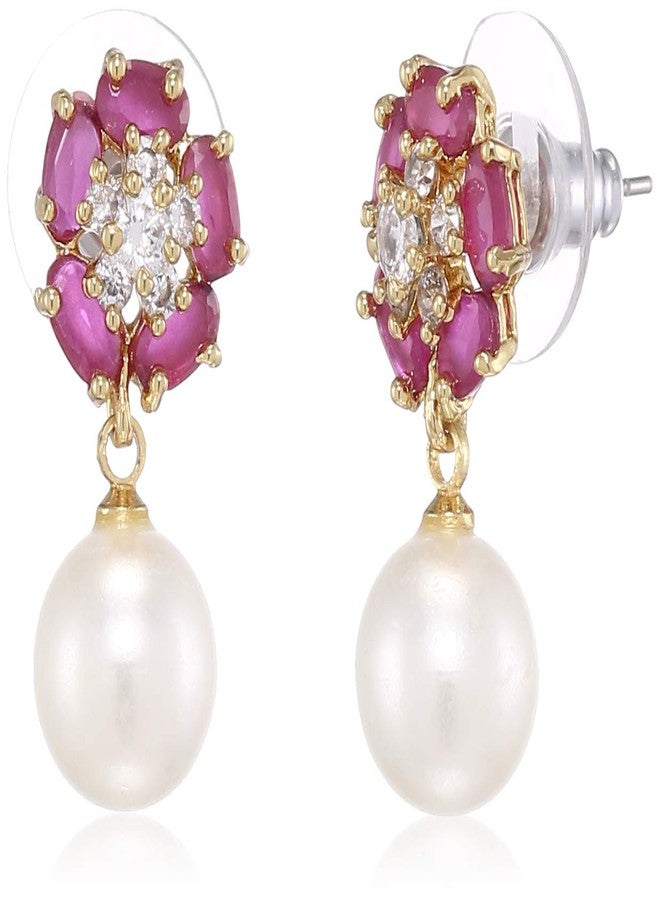 استيل أقراط إستيل للبنات مطلية بالذهب عيار 24 قيراطاً، مصنوعة من النحاس الأصفر، مرصعة بالألماس الأمريكي البيضاوي والياقوت واللؤلؤ على شكل زهرة (ذهبي) - Image 2