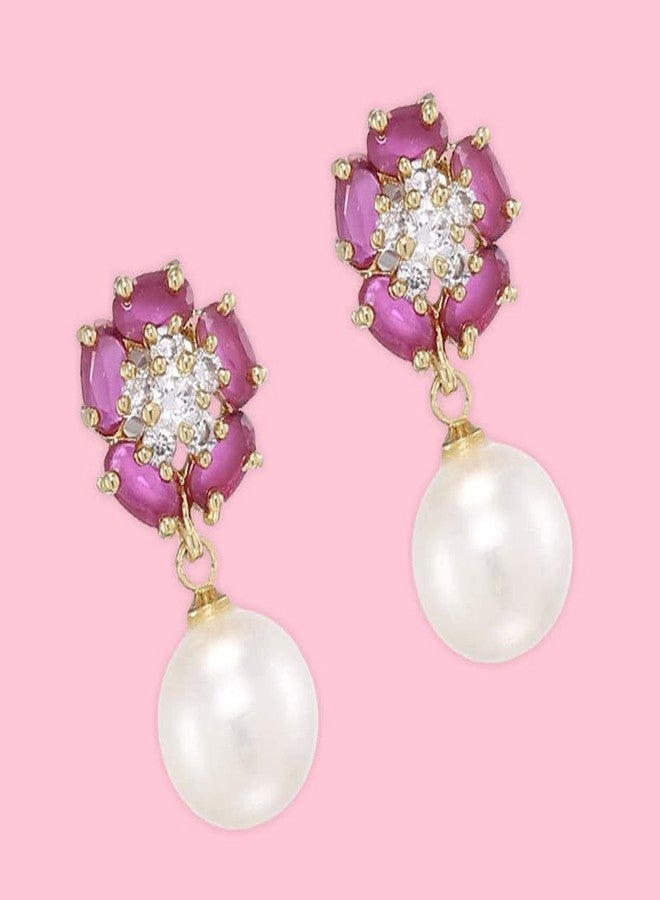 استيل أقراط إستيل للبنات مطلية بالذهب عيار 24 قيراطاً، مصنوعة من النحاس الأصفر، مرصعة بالألماس الأمريكي البيضاوي والياقوت واللؤلؤ على شكل زهرة (ذهبي) - Image 3