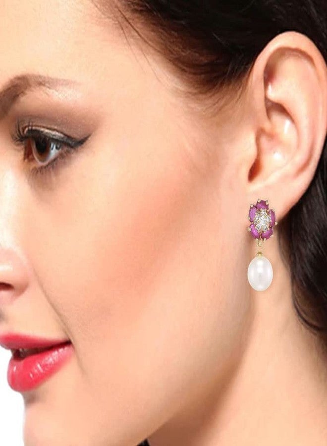 استيل أقراط إستيل للبنات مطلية بالذهب عيار 24 قيراطاً، مصنوعة من النحاس الأصفر، مرصعة بالألماس الأمريكي البيضاوي والياقوت واللؤلؤ على شكل زهرة (ذهبي) - Image 4