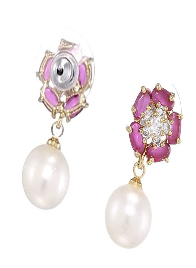 استيل أقراط إستيل للبنات مطلية بالذهب عيار 24 قيراطاً، مصنوعة من النحاس الأصفر، مرصعة بالألماس الأمريكي البيضاوي والياقوت واللؤلؤ على شكل زهرة (ذهبي) - Image 5