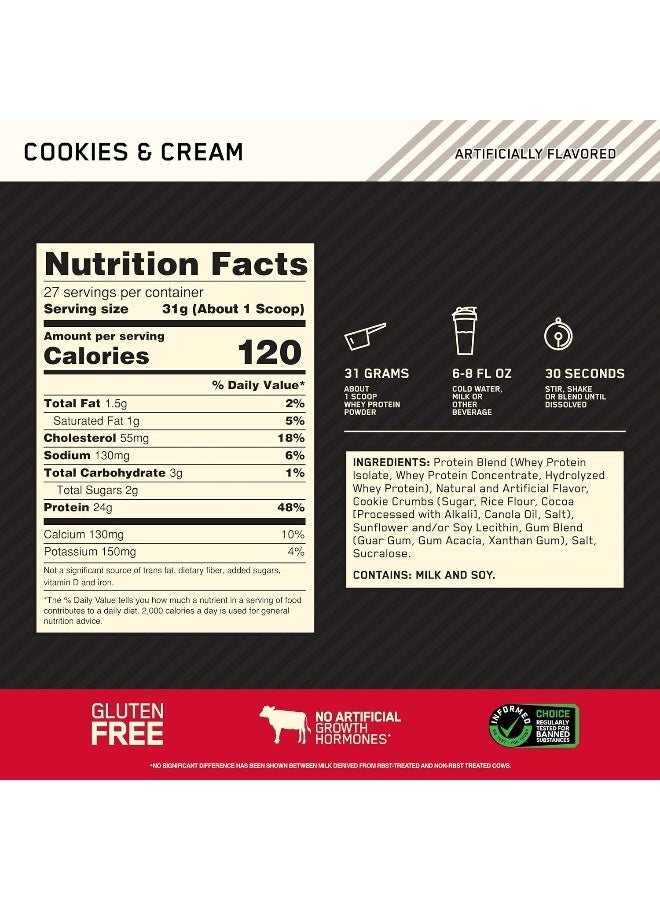 أوبتيموم نيوتريشن مسحوق بروتين مصل الحليب بنسبة 100% من Gold Standard معزول المصدر الأساسي، 24 جرامًا من البروتين لدعم العضلات واستعادتها - البسكويت والكريمة، 1.85 رطل، 27 حصة (837 جرامًا) - Image 3