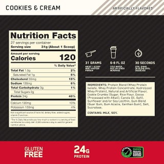 Gold Standard 100% Whey Protein Powder Primary Source Isolate, 24 Grams of Protein for Muscle Support and Recovery - Cookies & Cream, 1.85 Lbs, 27 Servings (837 Grams) - view 3
