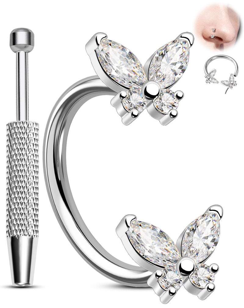 Melighting 20G Butterfly Horseshoe Push Pin Nose Ring Hoop, Piercing Taper Ball Grabber Tool 316L Surgical Steel, CZ Clear Nose Septum Daith Lip Rook Helix Piercing Jewelry Set 7mm - Image 1