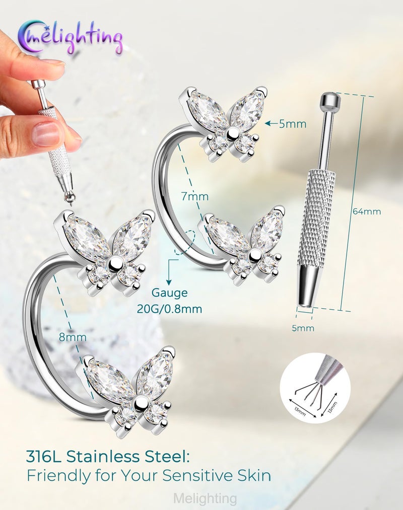 Melighting 20G Butterfly Horseshoe Push Pin Nose Ring Hoop, Piercing Taper Ball Grabber Tool 316L Surgical Steel, CZ Clear Nose Septum Daith Lip Rook Helix Piercing Jewelry Set 7mm - Image 2
