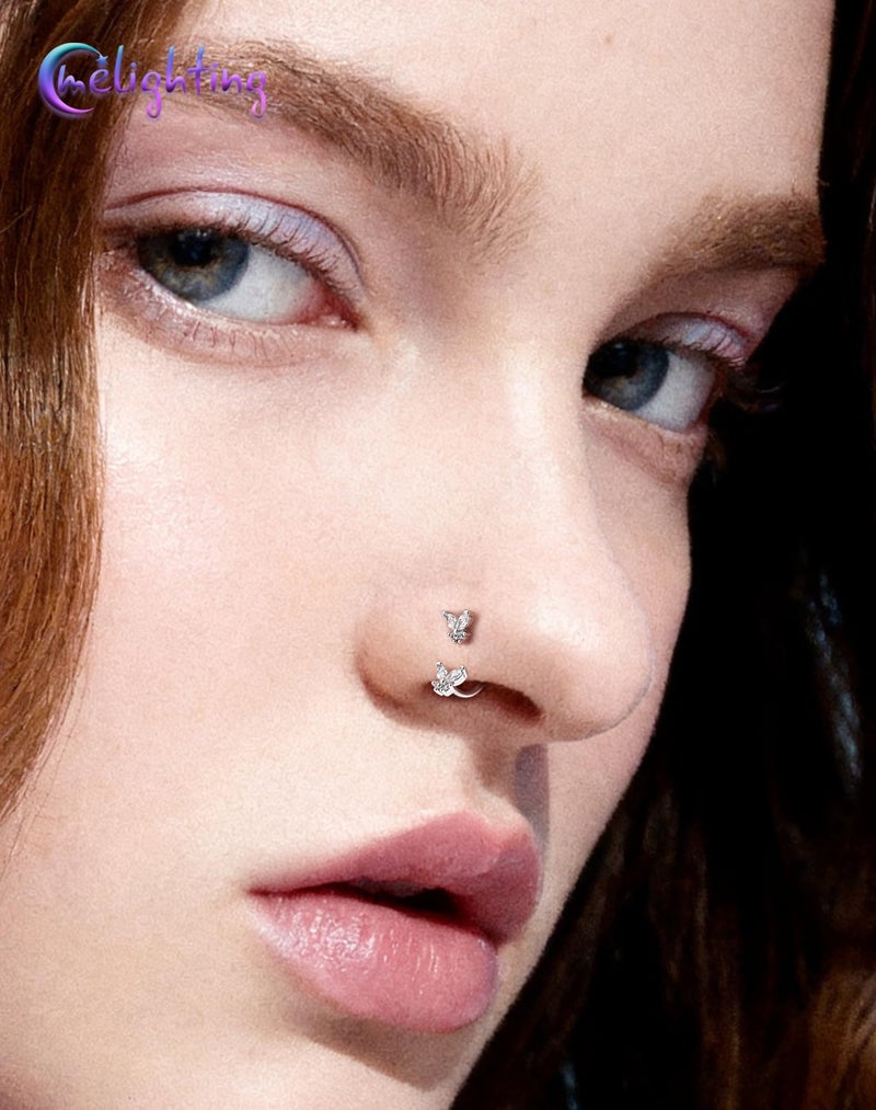 Melighting 20G Butterfly Horseshoe Push Pin Nose Ring Hoop, Piercing Taper Ball Grabber Tool 316L Surgical Steel, CZ Clear Nose Septum Daith Lip Rook Helix Piercing Jewelry Set 7mm - Image 5