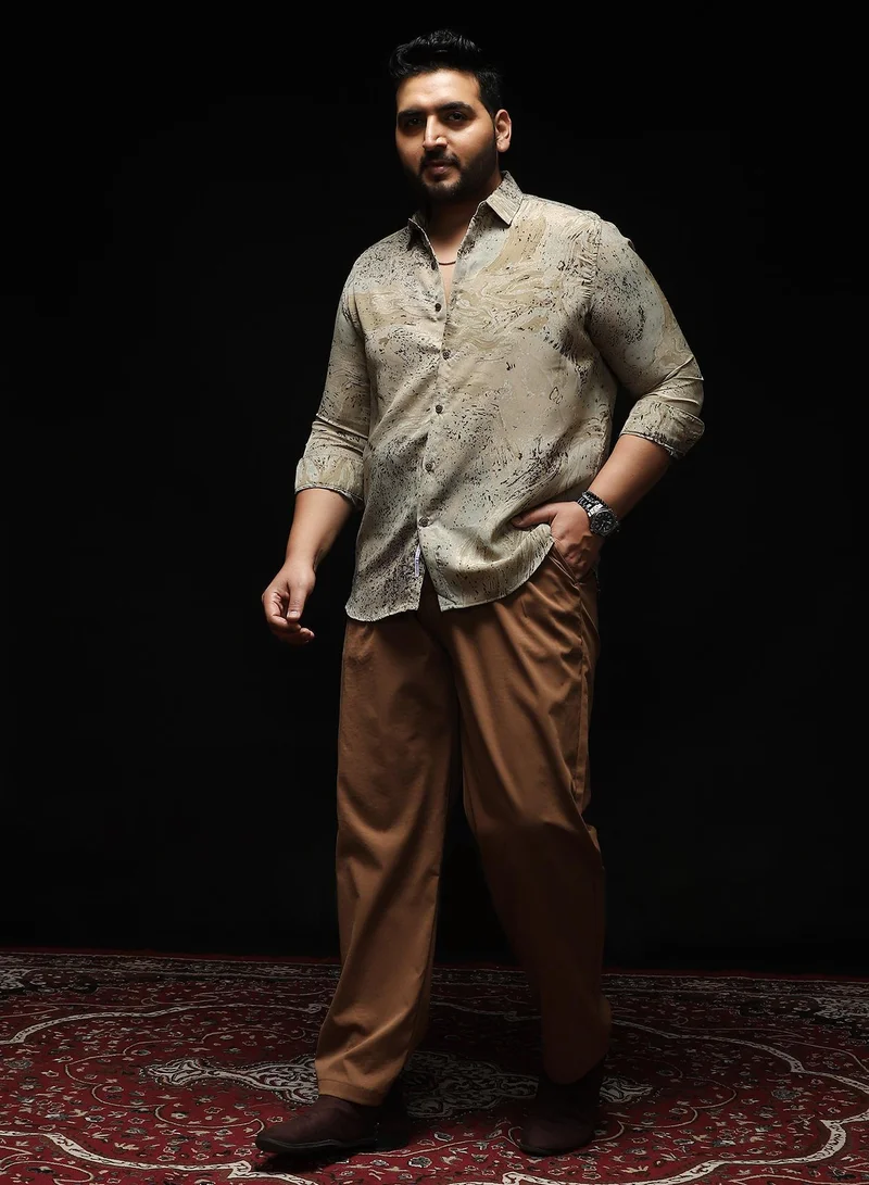 Instafab Plus  Instafab Plus Men's Ecru Beige Marble-Specks Imprint Shirt | Spread Collar , Long Cuffed Sleeves , Button Closure , Curved Hemline | Abstract-Print Plain Polyester Material For Evening & Party Wear for Men | Best Price UAE