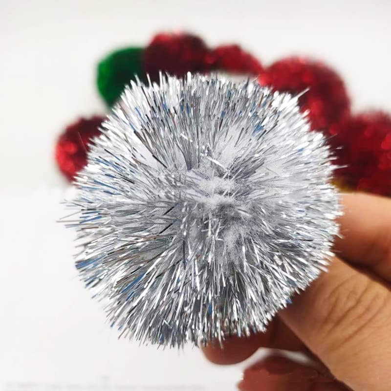 YYCRAFT 15pcs Jumbo Glitter Tinsel Pom Poms Sparkle Balls for DIY Craft,Cat Toys-2”,White(Silver Tinsel) - Image 1
