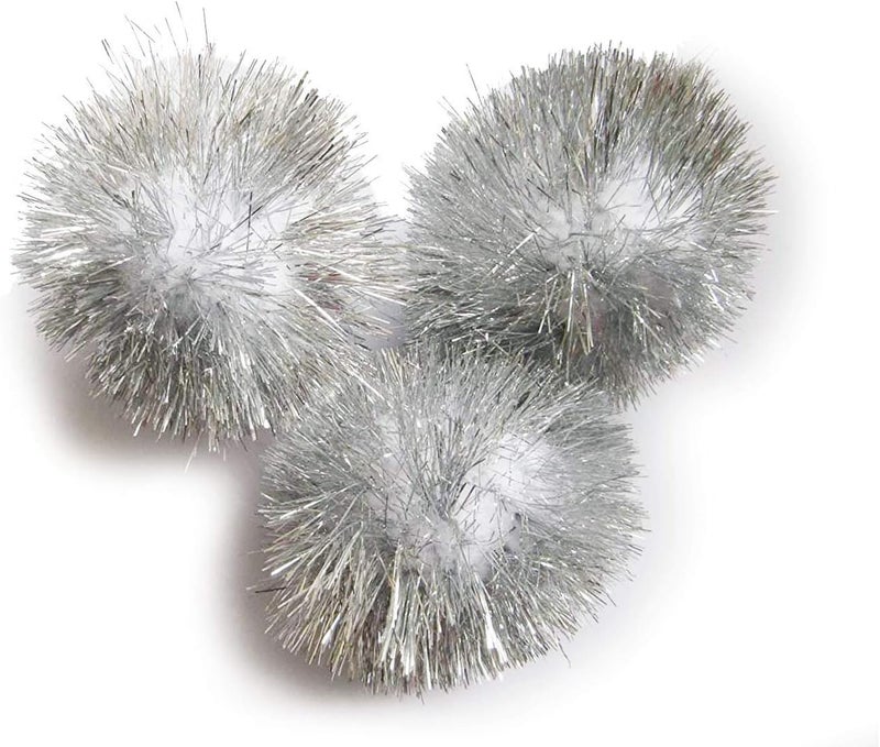YYCRAFT 15pcs Jumbo Glitter Tinsel Pom Poms Sparkle Balls for DIY Craft,Cat Toys-2”,White(Silver Tinsel) - Image 2