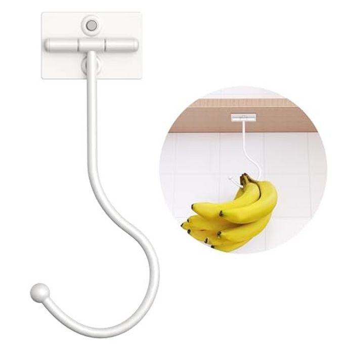 Josmimic White Banana Hanger Hook Under Cabinet: Adhesive Banana Holder, Foldable with Magnets When Not in Use, Under Counter Banana Hook, Stainless, Hold 13 LB