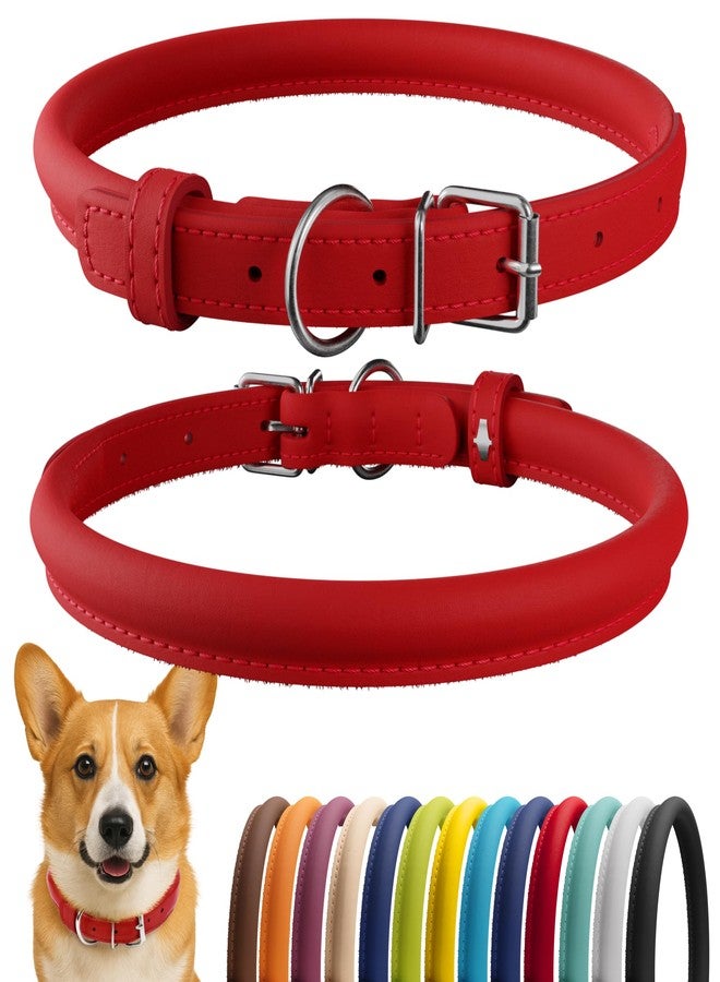 CollarDirect Rolled Leather Dog Collar, Soft Padded Round Puppy Collar, Handmade Genuine Leather Collar Dog Small Large Cat Collars 13 Colors (11-14 Inch, Red Smooth) - Image 1