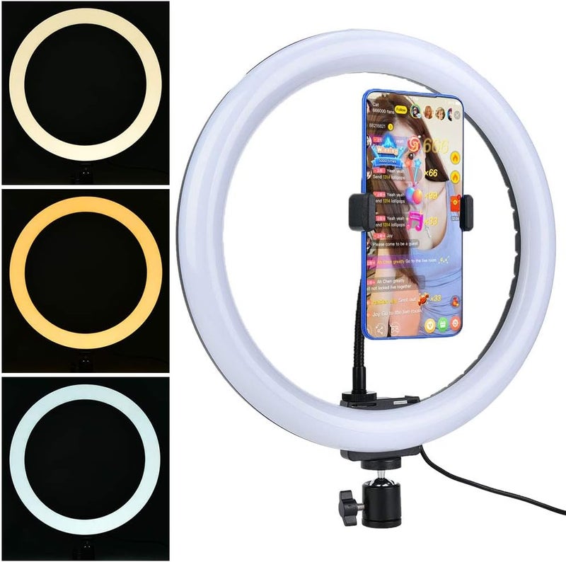 راحة إضاءة حلقية LED - 12 واط، 12 بوصة، إضاءة فيديو - 3 ألوان قابلة للتعديل، شحن USB، مع مشبك هاتف برأس كروي، طقم إضاءة فيديو وكاميرا 160 LED لتصوير البورتريه، مدونات الفيديو، والمكياج - Image 1