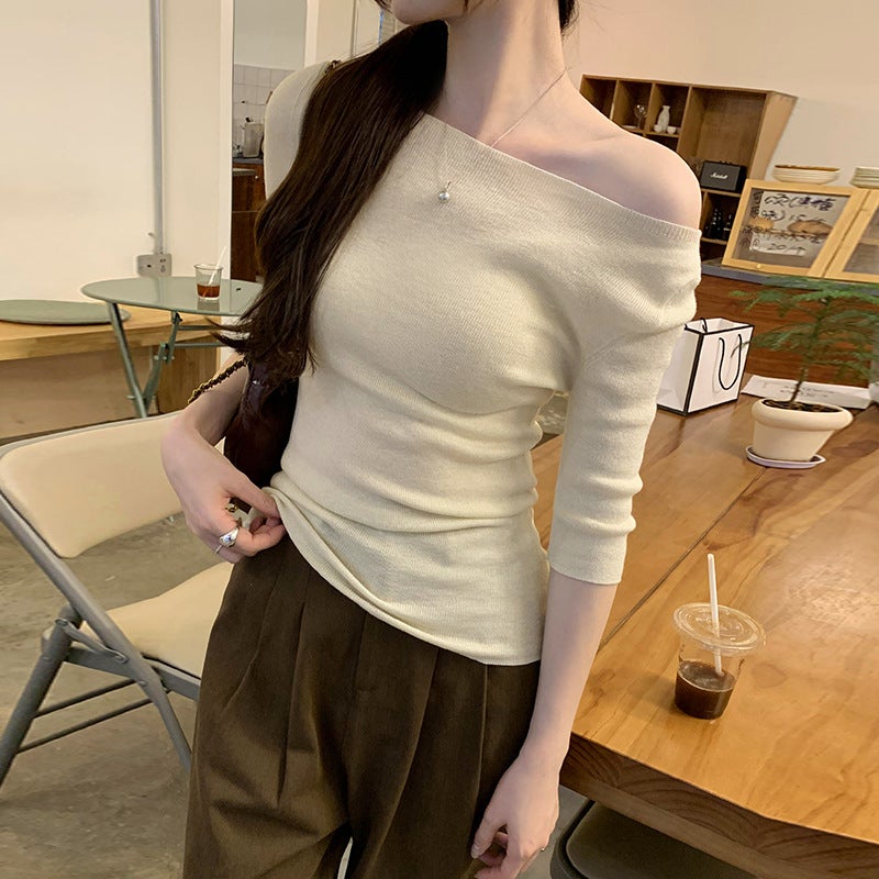European in stock dopamine off-shoulder silver silk high quality mid-sleeve wool sweater womens autumn new slim-fit top Gray - Image 3