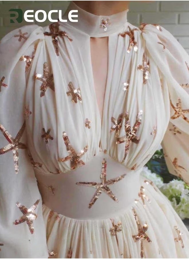 REOCLE Women's Chiffon Dress with Full Skirt Half Turtleneck Sequined Slits Lantern Sleeves Elegant and Dignified Waist Design Evening Dress  - Image 1