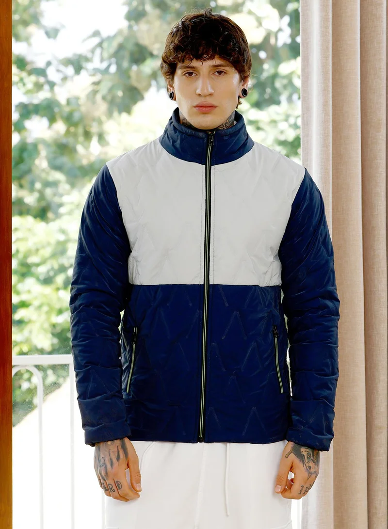 Campus Sutra Men's Block Bar-Quilt Puffer Jacket | Stand Collar , Long Regular Sleeves , Zipper Closure , Straight Hem | Colourblock Woven Quilted For Casual & Daily | Navy Blue & Coin Grey
