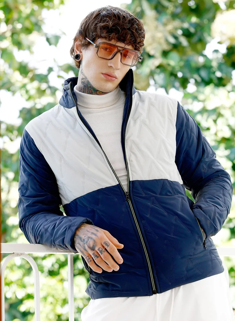 Campus Sutra Men's Block Bar-Quilt Puffer Jacket | Stand Collar , Long Regular Sleeves , Zipper Closure , Straight Hem | Colourblock Woven Quilted For Casual & Daily | Navy Blue & Coin Grey