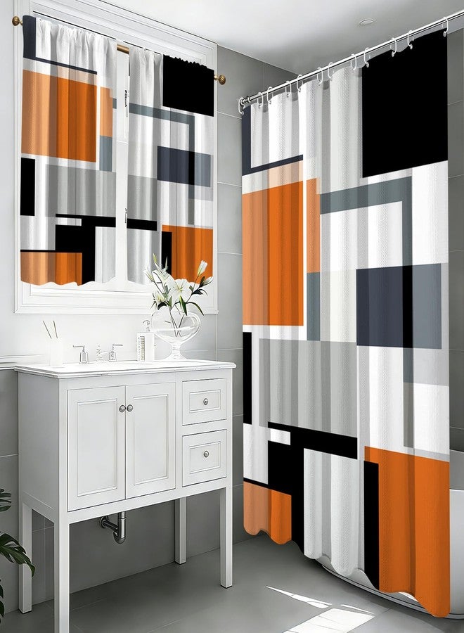 KINUUIS Orange Geometric Shower Curtain and Window Curtain Set, Abstract Modern Waffle Waterproof Shower Curtain with Matching Window Curtain Set for Bathroom Decor - Image 1