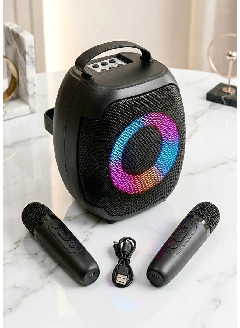 سينجي Portable Bluetooth Speaker, Karaoke Machine with 2 Wireless Microphones, 8W Powerful Sound Amplifier, Colorful LED Light Speaker, Home Party and Outdoor Travel Speaker, Integrated Home Karaoke System, Supports USB Flash Drive, Micro SD Card Slot, AUX Input for Mobile and PC, Fast Type-C Charging Port, Built-in 1200mAh Rechargeable Lithium Battery, Portable Lightweight Design with Comfortable Handle, Large 4-Inch Speaker with Crystal Clear Sound, Fun Wireless Karaoke for Kids and Adults, Glowing Speaker for Birthday Parties, Dual Wireless Mics for Singing, Smart Speaker Compatible with All Devices, Professional Portable Karaoke Speaker. - Image 1