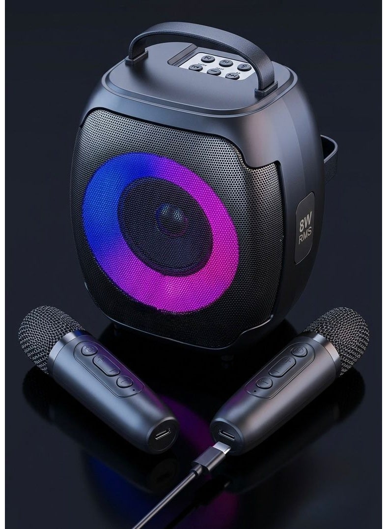 سينجي Portable Bluetooth Speaker, Karaoke Machine with 2 Wireless Microphones, 8W Powerful Sound Amplifier, Colorful LED Light Speaker, Home Party and Outdoor Travel Speaker, Integrated Home Karaoke System, Supports USB Flash Drive, Micro SD Card Slot, AUX Input for Mobile and PC, Fast Type-C Charging Port, Built-in 1200mAh Rechargeable Lithium Battery, Portable Lightweight Design with Comfortable Handle, Large 4-Inch Speaker with Crystal Clear Sound, Fun Wireless Karaoke for Kids and Adults, Glowing Speaker for Birthday Parties, Dual Wireless Mics for Singing, Smart Speaker Compatible with All Devices, Professional Portable Karaoke Speaker. - Image 4
