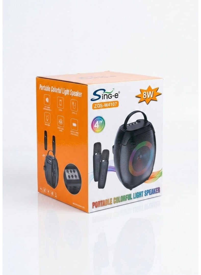 singe Portable Bluetooth Speaker, Karaoke Machine with 2 Wireless Microphones, 8W Powerful Sound Amplifier, Colorful LED Light Speaker, Home Party and Outdoor Travel Speaker, Integrated Home Karaoke System, Supports USB Flash Drive, Micro SD Card Slot, AUX Input for Mobile and PC, Fast Type-C Charging Port, Built-in 1200mAh Rechargeable Lithium Battery, Portable Lightweight Design with Comfortable Handle, Large 4-Inch Speaker with Crystal Clear Sound, Fun Wireless Karaoke for Kids and Adults, Glowing Speaker for Birthday Parties, Dual Wireless Mics for Singing, Smart Speaker Compatible with All Devices, Professional Portable Karaoke Speaker. - Image 4