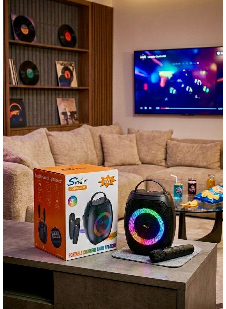 singe Portable Bluetooth Speaker, Karaoke Machine with 2 Wireless Microphones, 8W Powerful Sound Amplifier, Colorful LED Light Speaker, Home Party and Outdoor Travel Speaker, Integrated Home Karaoke System, Supports USB Flash Drive, Micro SD Card Slot, AUX Input for Mobile and PC, Fast Type-C Charging Port, Built-in 1200mAh Rechargeable Lithium Battery, Portable Lightweight Design with Comfortable Handle, Large 4-Inch Speaker with Crystal Clear Sound, Fun Wireless Karaoke for Kids and Adults, Glowing Speaker for Birthday Parties, Dual Wireless Mics for Singing, Smart Speaker Compatible with All Devices, Professional Portable Karaoke Speaker. - Image 3