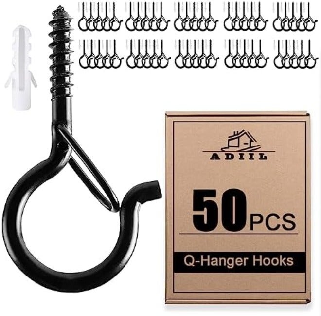 ADIIL 20 PCS Q Hanger Hooks with Safety Buckle, Windproof Screw Hooks for Hanging Outdoor String Lights, Plants, Christmas Patio Lights, 2.2 Inches,  Black